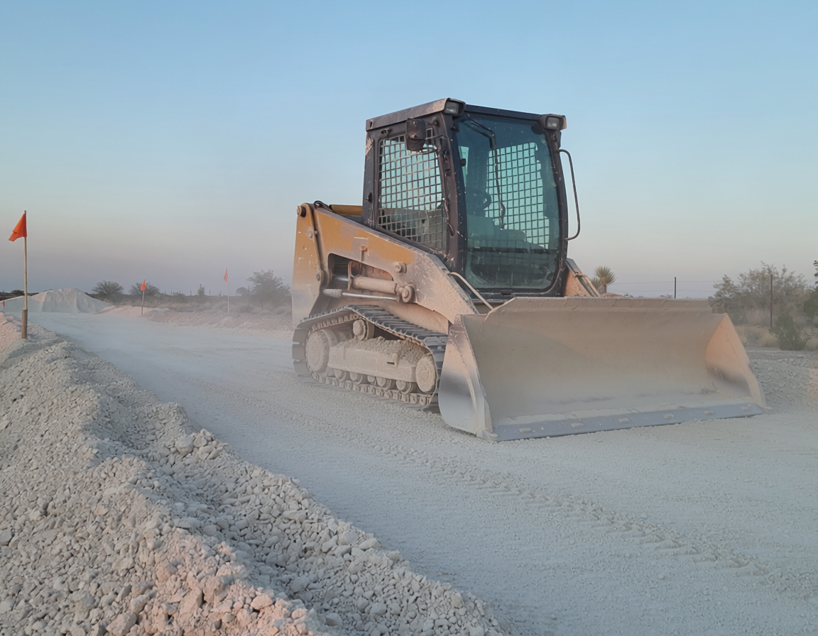 Completed caliche pad for oilfield well site in the Permian Basin