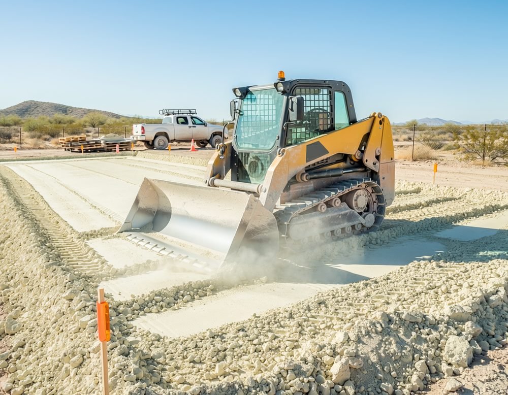Completed caliche pad for oilfield well site in the Permian Basin